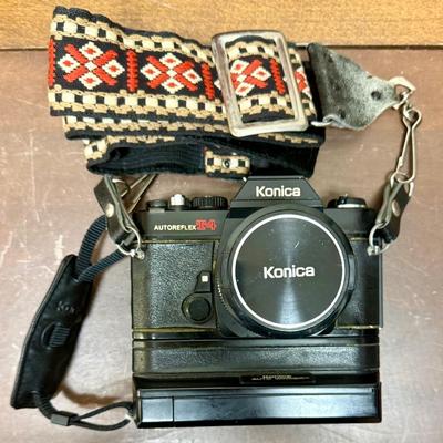 Sale Photo Thumbnail #614: From the late 70’s, includes custom fabric nick strap, matched Konica Autowinder, Konica 50mm lens with Asanuma 55mm Skylight 1A filter, Soligor 35-105mm zoom lens with Macro, Hoya 72mm Skylight 1B filter and case, extra filter and adapter ring, auto re