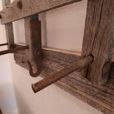 BARNWOOD IRON PEG BOARD WITH ANTIQUE IRON HOOKS