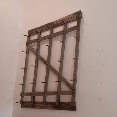 BARNWOOD IRON PEG BOARD WITH ANTIQUE IRON HOOKS
