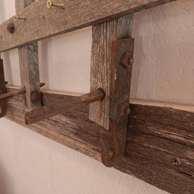 BARNWOOD IRON PEG BOARD WITH ANTIQUE IRON HOOKS