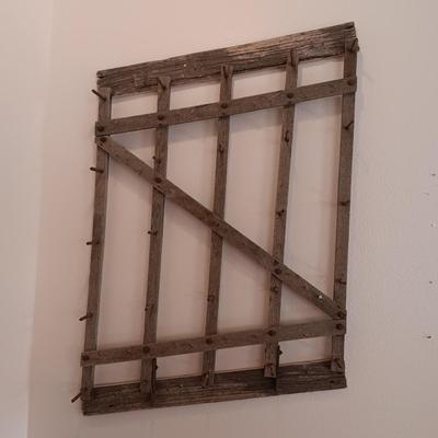 BARNWOOD IRON PEG BOARD WITH ANTIQUE IRON HOOKS