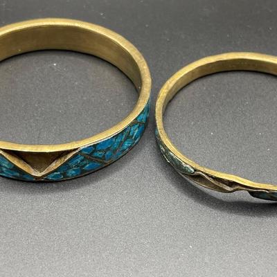 3 brass bangles with turquoise inlay 2 are damaged