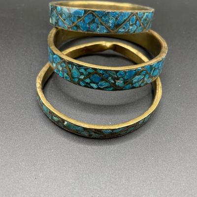 3 brass bangles with turquoise inlay 2 are damaged