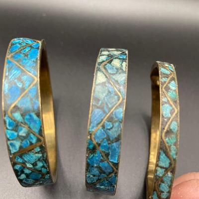 3 brass bangles with turquoise inlay 2 are damaged