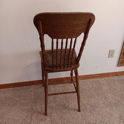 ANTIQUE EAST LAKE CARVED CHAIR WITH UPHOLSTERED BACK AND SEAT PLUS LEATHER SEAT ANTIQUE STOOL