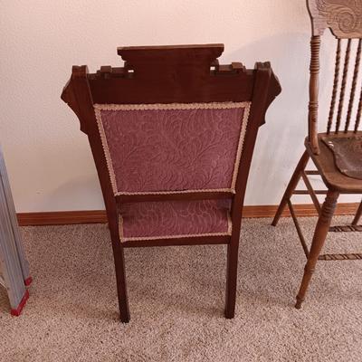ANTIQUE EAST LAKE CARVED CHAIR WITH UPHOLSTERED BACK AND SEAT PLUS LEATHER SEAT ANTIQUE STOOL