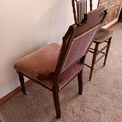 ANTIQUE EAST LAKE CARVED CHAIR WITH UPHOLSTERED BACK AND SEAT PLUS LEATHER SEAT ANTIQUE STOOL