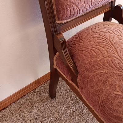 ANTIQUE EAST LAKE CARVED CHAIR WITH UPHOLSTERED BACK AND SEAT PLUS LEATHER SEAT ANTIQUE STOOL