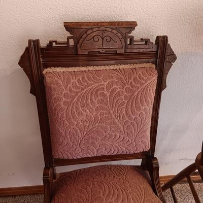 ANTIQUE EAST LAKE CARVED CHAIR WITH UPHOLSTERED BACK AND SEAT PLUS LEATHER SEAT ANTIQUE STOOL