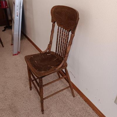 ANTIQUE EAST LAKE CARVED CHAIR WITH UPHOLSTERED BACK AND SEAT PLUS LEATHER SEAT ANTIQUE STOOL