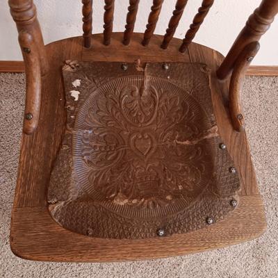 ANTIQUE EAST LAKE CARVED CHAIR WITH UPHOLSTERED BACK AND SEAT PLUS LEATHER SEAT ANTIQUE STOOL