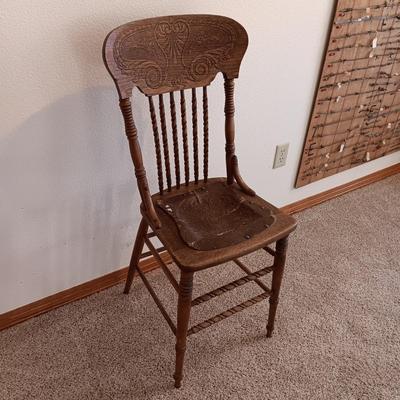 ANTIQUE EAST LAKE CARVED CHAIR WITH UPHOLSTERED BACK AND SEAT PLUS LEATHER SEAT ANTIQUE STOOL