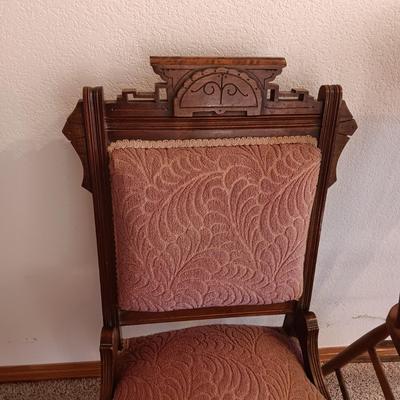 ANTIQUE EAST LAKE CARVED CHAIR WITH UPHOLSTERED BACK AND SEAT PLUS LEATHER SEAT ANTIQUE STOOL