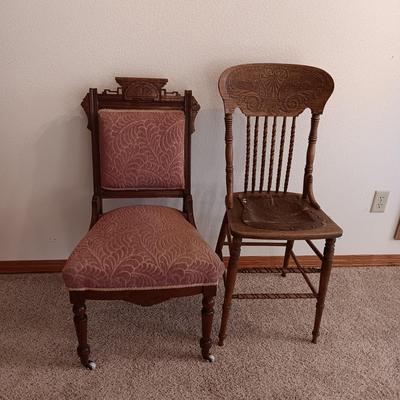 ANTIQUE EAST LAKE CARVED CHAIR WITH UPHOLSTERED BACK AND SEAT PLUS LEATHER SEAT ANTIQUE STOOL