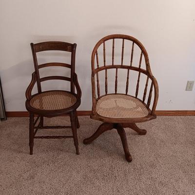 ANTIQUE SWIVEL ADJUSTABLE HEIGHT DESK CHAIR AND SIDE CHAIR BOTH WITH CANE SEATS