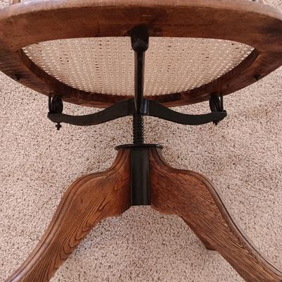 ANTIQUE SWIVEL ADJUSTABLE HEIGHT DESK CHAIR AND SIDE CHAIR BOTH WITH CANE SEATS