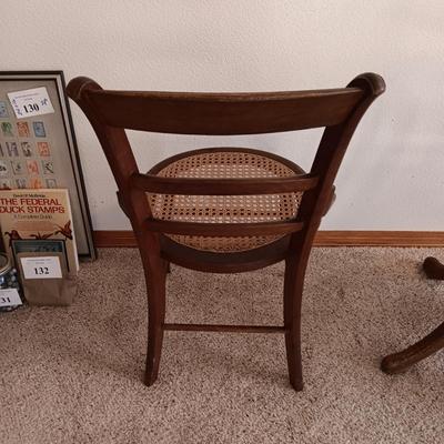 ANTIQUE SWIVEL ADJUSTABLE HEIGHT DESK CHAIR AND SIDE CHAIR BOTH WITH CANE SEATS