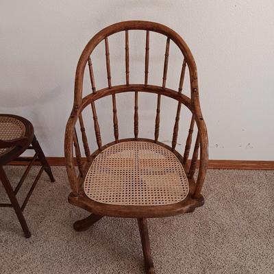 ANTIQUE SWIVEL ADJUSTABLE HEIGHT DESK CHAIR AND SIDE CHAIR BOTH WITH CANE SEATS