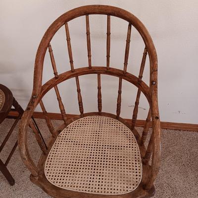 ANTIQUE SWIVEL ADJUSTABLE HEIGHT DESK CHAIR AND SIDE CHAIR BOTH WITH CANE SEATS