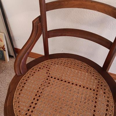 ANTIQUE SWIVEL ADJUSTABLE HEIGHT DESK CHAIR AND SIDE CHAIR BOTH WITH CANE SEATS