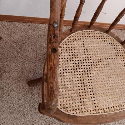 ANTIQUE SWIVEL ADJUSTABLE HEIGHT DESK CHAIR AND SIDE CHAIR BOTH WITH CANE SEATS