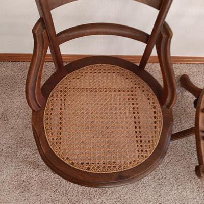 ANTIQUE SWIVEL ADJUSTABLE HEIGHT DESK CHAIR AND SIDE CHAIR BOTH WITH CANE SEATS
