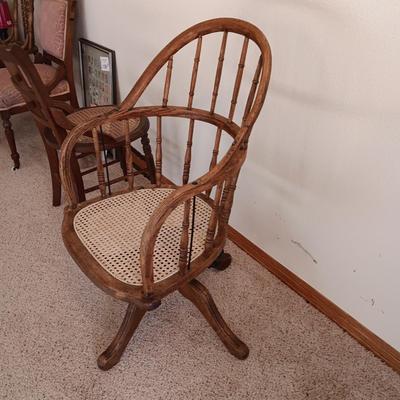 ANTIQUE SWIVEL ADJUSTABLE HEIGHT DESK CHAIR AND SIDE CHAIR BOTH WITH CANE SEATS
