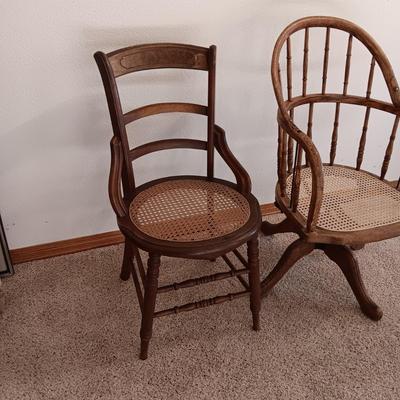 ANTIQUE SWIVEL ADJUSTABLE HEIGHT DESK CHAIR AND SIDE CHAIR BOTH WITH CANE SEATS