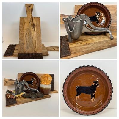 LOT 28: Wooden Charcuterie Boards, Vintage Wear-Ever Citrus Juicer, Crocheted Potholders, A. Loercher Earthenware/ Pottery Pie Plate...