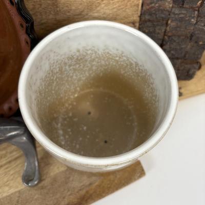 LOT 28: Wooden Charcuterie Boards, Vintage Wear-Ever Citrus Juicer, Crocheted Potholders, A. Loercher Earthenware/ Pottery Pie Plate...