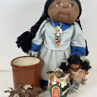 LOT 35: Hand-Crafted Native American Doll Doorstop, Native American Wedding Pitcher, Brown Glazed Stoneware Crock