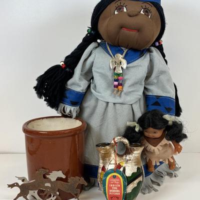 LOT 35: Hand-Crafted Native American Doll Doorstop, Native American Wedding Pitcher, Brown Glazed Stoneware Crock