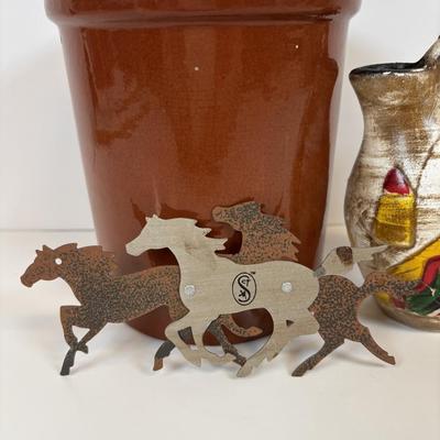 LOT 35: Hand-Crafted Native American Doll Doorstop, Native American Wedding Pitcher, Brown Glazed Stoneware Crock