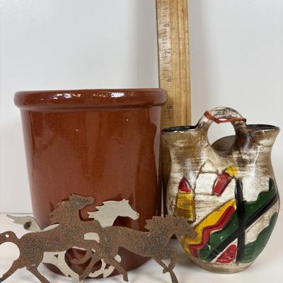 LOT 35: Hand-Crafted Native American Doll Doorstop, Native American Wedding Pitcher, Brown Glazed Stoneware Crock