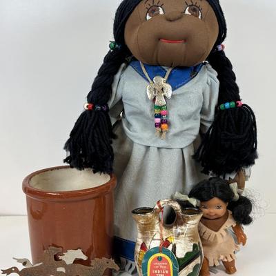 LOT 35: Hand-Crafted Native American Doll Doorstop, Native American Wedding Pitcher, Brown Glazed Stoneware Crock