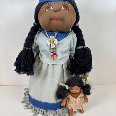 LOT 35: Hand-Crafted Native American Doll Doorstop, Native American Wedding Pitcher, Brown Glazed Stoneware Crock