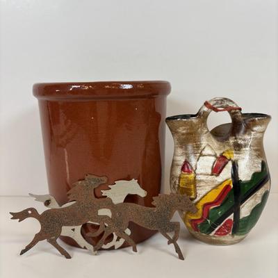 LOT 35: Hand-Crafted Native American Doll Doorstop, Native American Wedding Pitcher, Brown Glazed Stoneware Crock