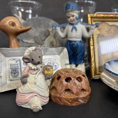 LOT 36: Vintage What-Not Collection: Miniature Parke's Coffee Tray, Ivanhoe Geometric Libbey Glasses, MCM Faux Wooden Duck, Made in...