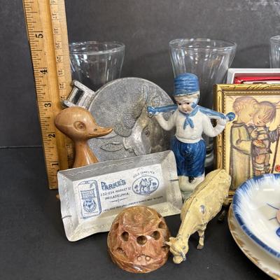 LOT 36: Vintage What-Not Collection: Miniature Parke's Coffee Tray, Ivanhoe Geometric Libbey Glasses, MCM Faux Wooden Duck, Made in...