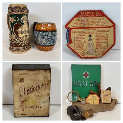 LOT 38: Matthias Girmscheid Beer Stein, Vintage Chesterfield Cigarette Pocket Tin Ashtray, Promotional Pocket Cocktail Recipes Wheel...