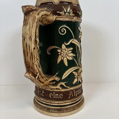 LOT 38: Matthias Girmscheid Beer Stein, Vintage Chesterfield Cigarette Pocket Tin Ashtray, Promotional Pocket Cocktail Recipes Wheel...