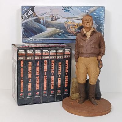 LOT 41: Tom Clark 'The Aviator' 1984 Signed Figurine with NIB Academy P-40E Model Kit & Frank Capra's WWII Documentary...