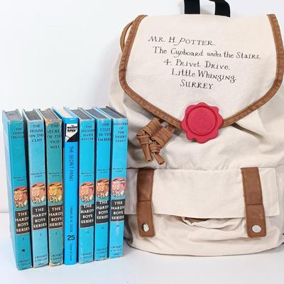 LOT 42: Harry Potter Hogwarts Letter Slouch Backpack with Vintage Hardy Boy Mystery Novels