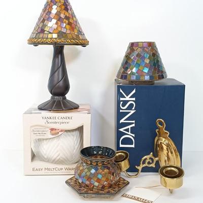 LOT 44: Dansk Mettalise Bouquet Vase in original box, Partylite Global Fusion Mosaic Candle Lamp Set, Ethan Allen Brass Sconce & More