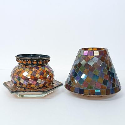 LOT 44: Dansk Mettalise Bouquet Vase in original box, Partylite Global Fusion Mosaic Candle Lamp Set, Ethan Allen Brass Sconce & More