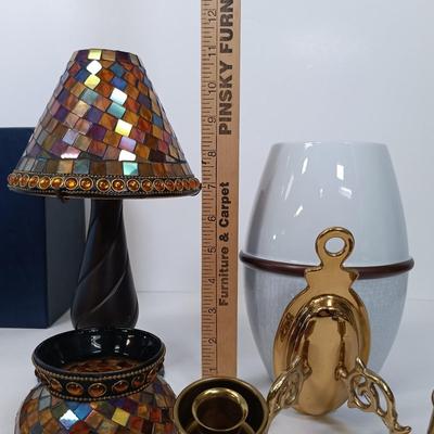 LOT 44: Dansk Mettalise Bouquet Vase in original box, Partylite Global Fusion Mosaic Candle Lamp Set, Ethan Allen Brass Sconce & More