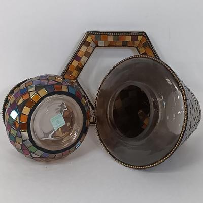 LOT 44: Dansk Mettalise Bouquet Vase in original box, Partylite Global Fusion Mosaic Candle Lamp Set, Ethan Allen Brass Sconce & More