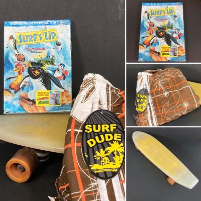 LOT 53: Skater / Surf Collection - Vintage California Free Spirit Skateboard, Surf Dude Shorts (L) with Tags and Surf's Up DVD