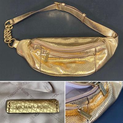 LOT 54: Gold Colored Michael Kors Metallic Snake Embossed Belt Bag