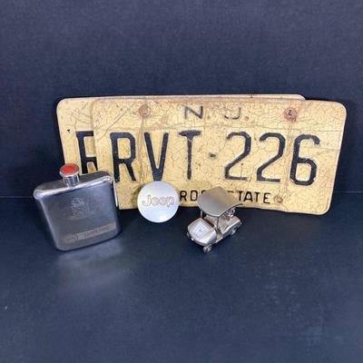 LOT 55: Vintage Collection - NJ License Plates, Limoges Dish, Jameson Flask, Golf Cart Desk Clock, Harley Owners Token and More